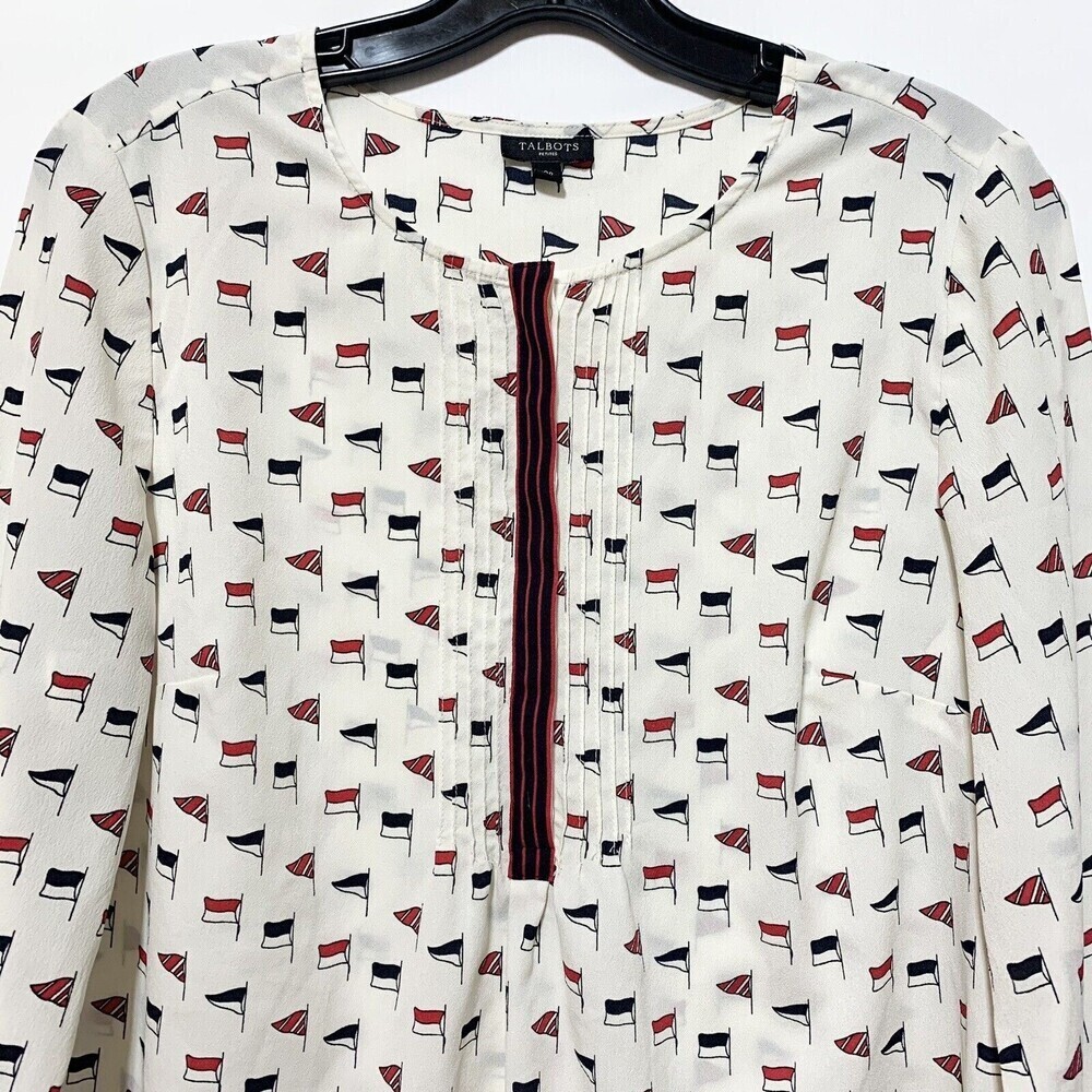 Talbots White and Black Flag Patterned Blouse with Red Trim - Picture 5 of 11